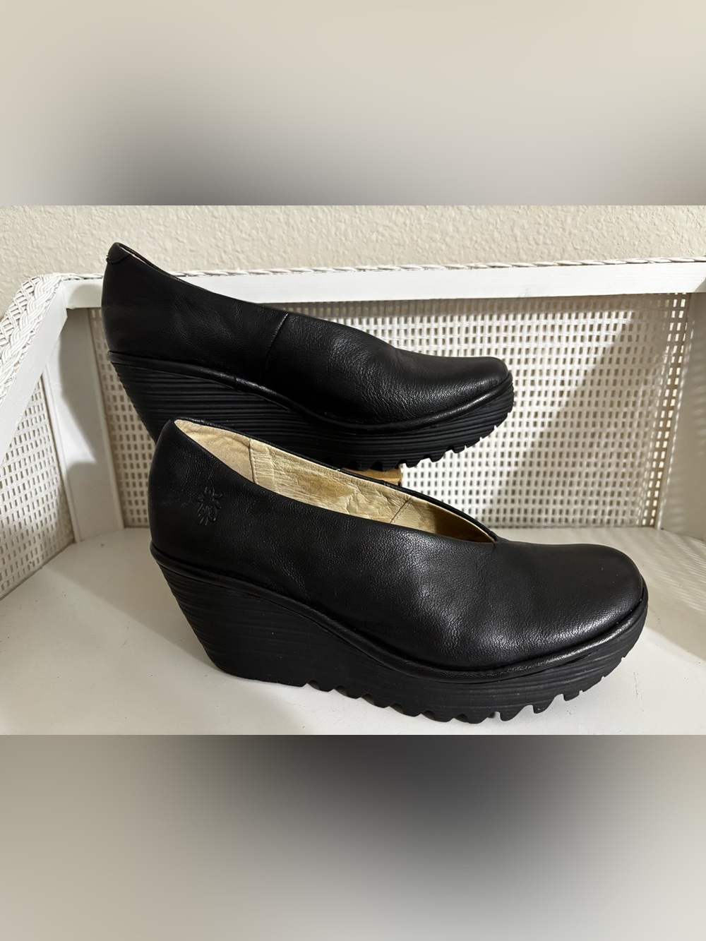 Fly London Black Leather Platform Wedge Slip-Ons - Size 39 (8-8.5)